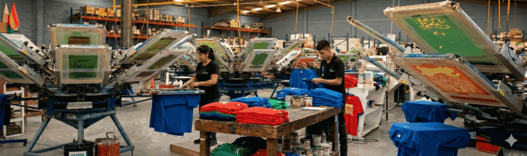 Taller industrial de serigrafía textil con trabajadores operando prensas manuales y doblando camisetas de algodón de colores azul real, rojo y verde. El espacio cuenta con múltiples máquinas de impresión y paredes de ladrillo gris.